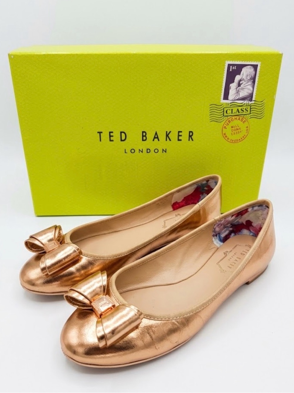 TED BAKER Immet Rose Gold Metallic Leather Bow Ballet Flats NIB Sz 7.5 38.5